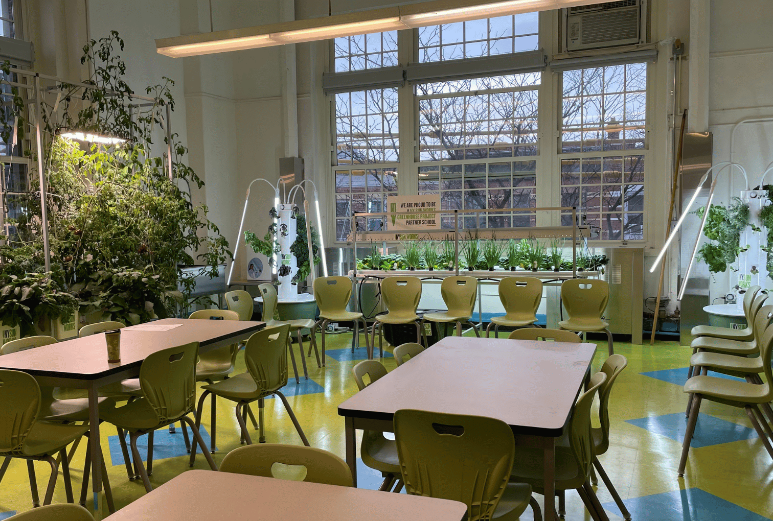 an indoor hydroponic classroom complete with vine crop, tower, and nutrient film technique systems